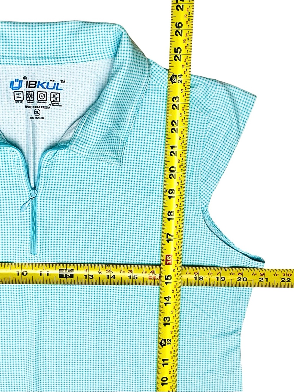 IBKUL Shirt UPF 50+ Blue Gingham Print Cap Sleeves 3/4 Zip Top Sz XL - Picture 9 of 11